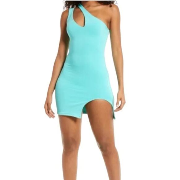 NWOT Naked Wardrobe Cut Out For You Bodycon One Shoulder Mini Dress Blue Small - Picture 1 of 7
